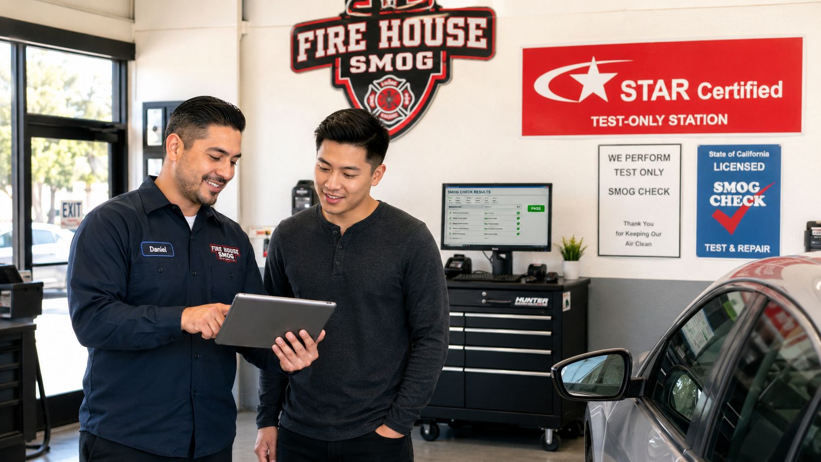A smiling service technician and a male customer reviewing smog check results on a digital tablet.