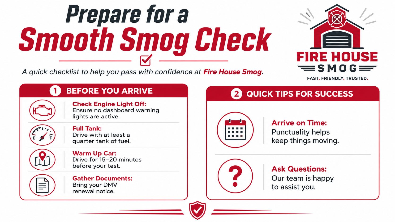 An infographic checklist from Fire House Smog providing tips on how to prepare for a vehicle smog check.