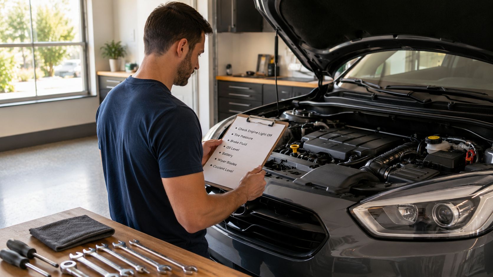 A mechanic inspecting a vehicle in a professional garage while reviewing a car maintenance checklist.