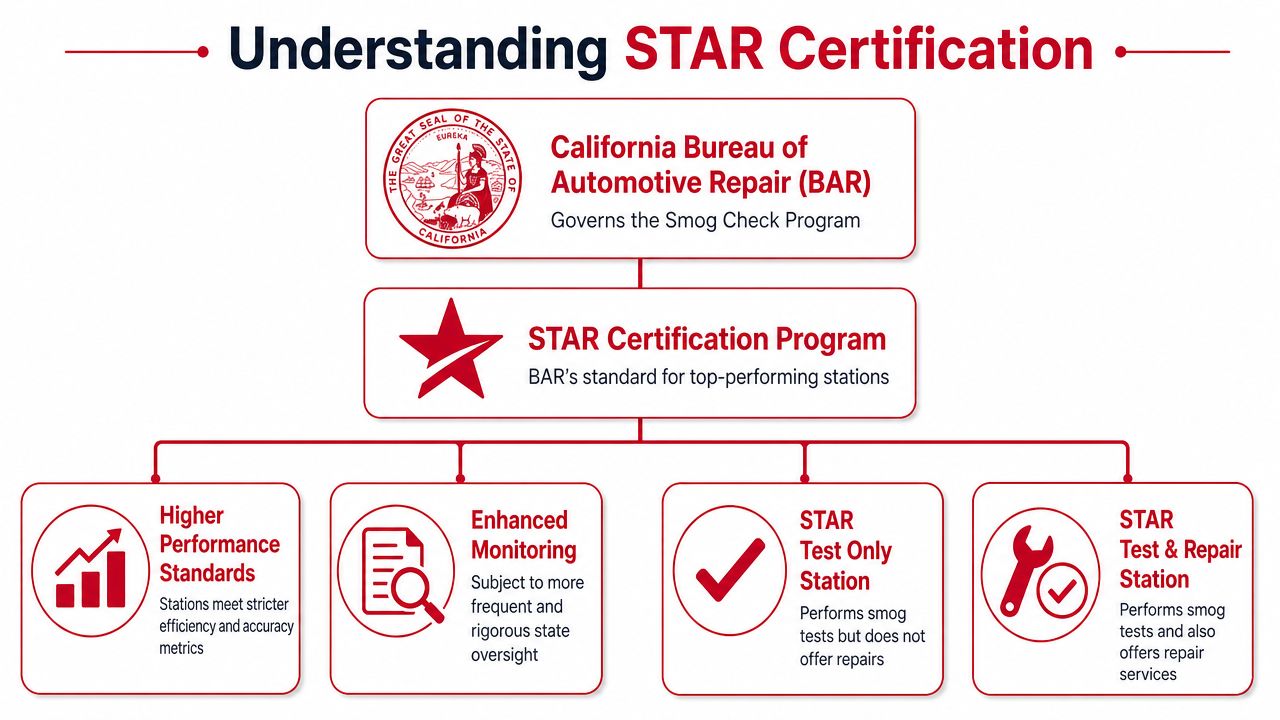 A flowchart explaining the California STAR smog certification program for automotive repair and test stations.