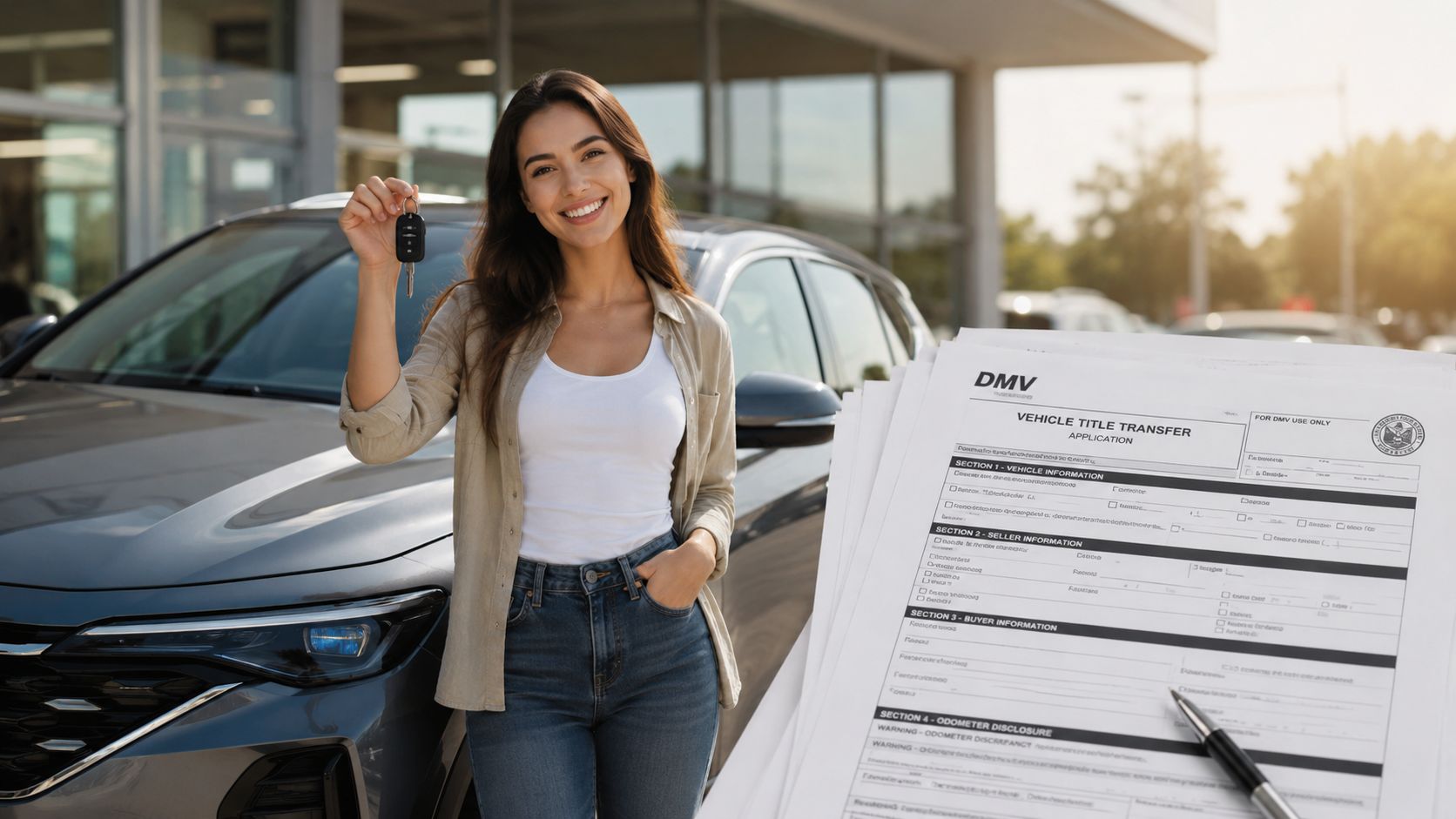 A smiling woman holding car keys stands in front of a new vehicle with paperwork.