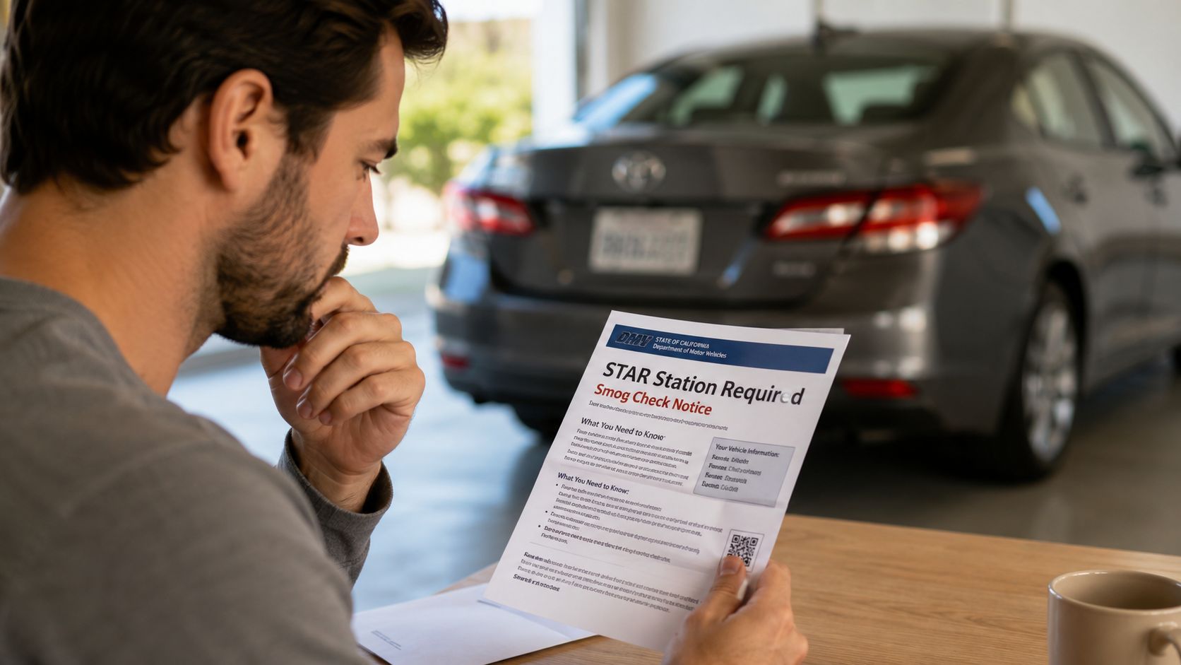 A man examines a DMV smog check notice document while sitting in front of his car.