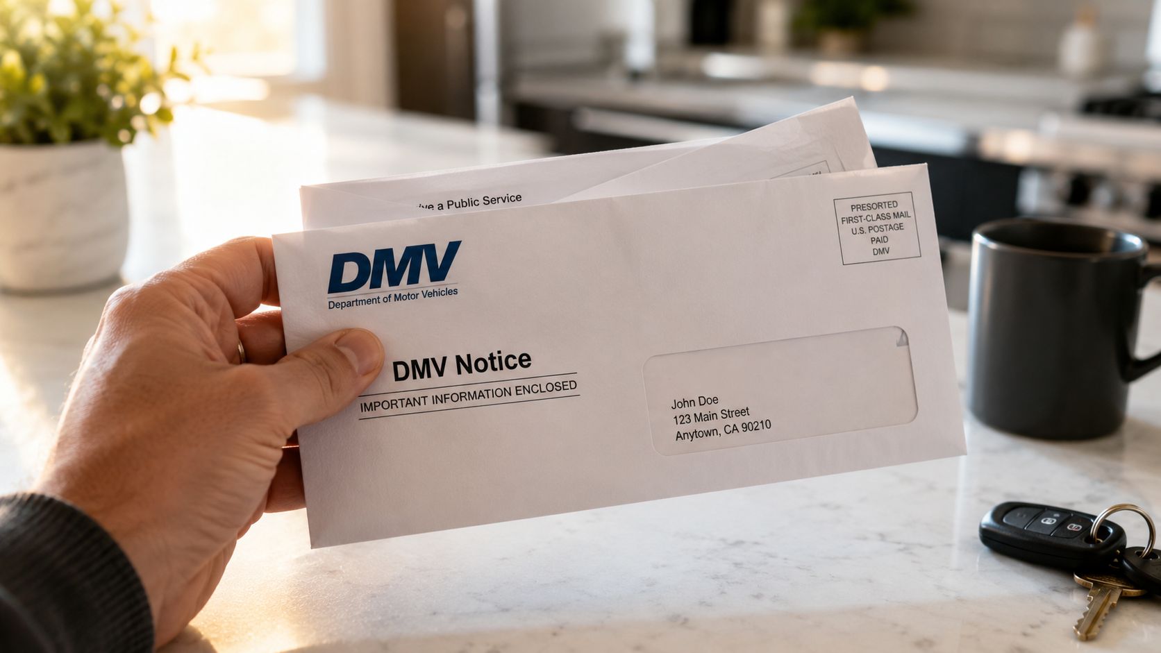 A hand holding a DMV notice envelope addressed to John Doe on a marble countertop.