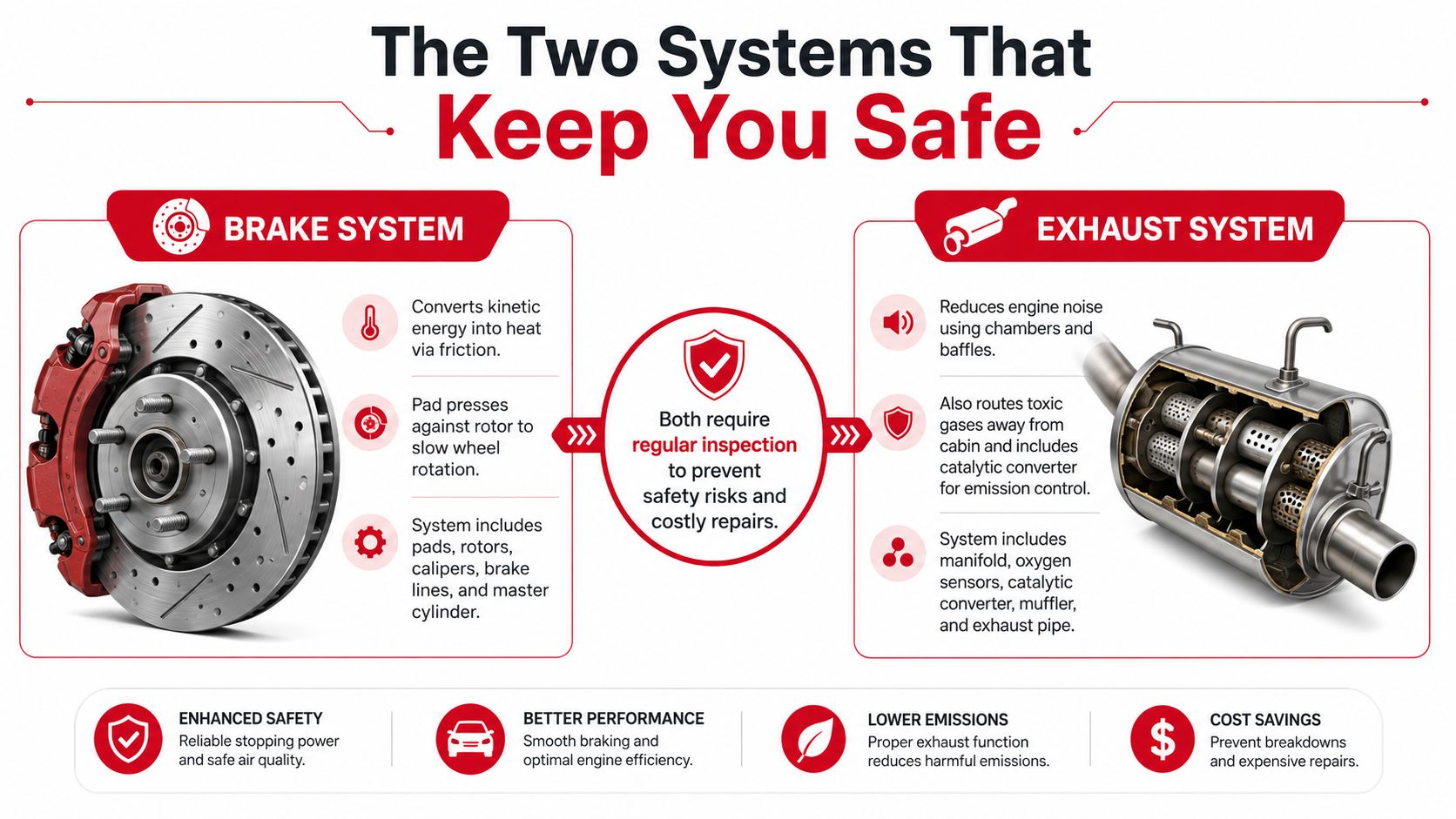 An infographic showing the importance of maintaining your vehicle's brake and exhaust systems for safety and performance.