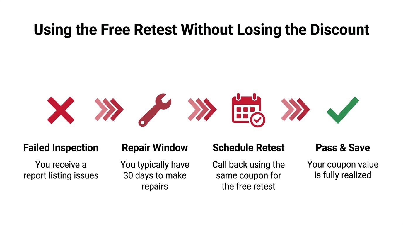 A four-step infographic explaining how to use a free retest coupon after a failed vehicle inspection.