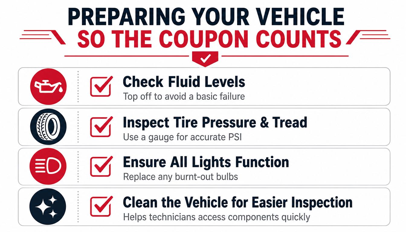 A checklist infographic titled Preparing Your Vehicle So The Coupon Counts with four essential maintenance steps.