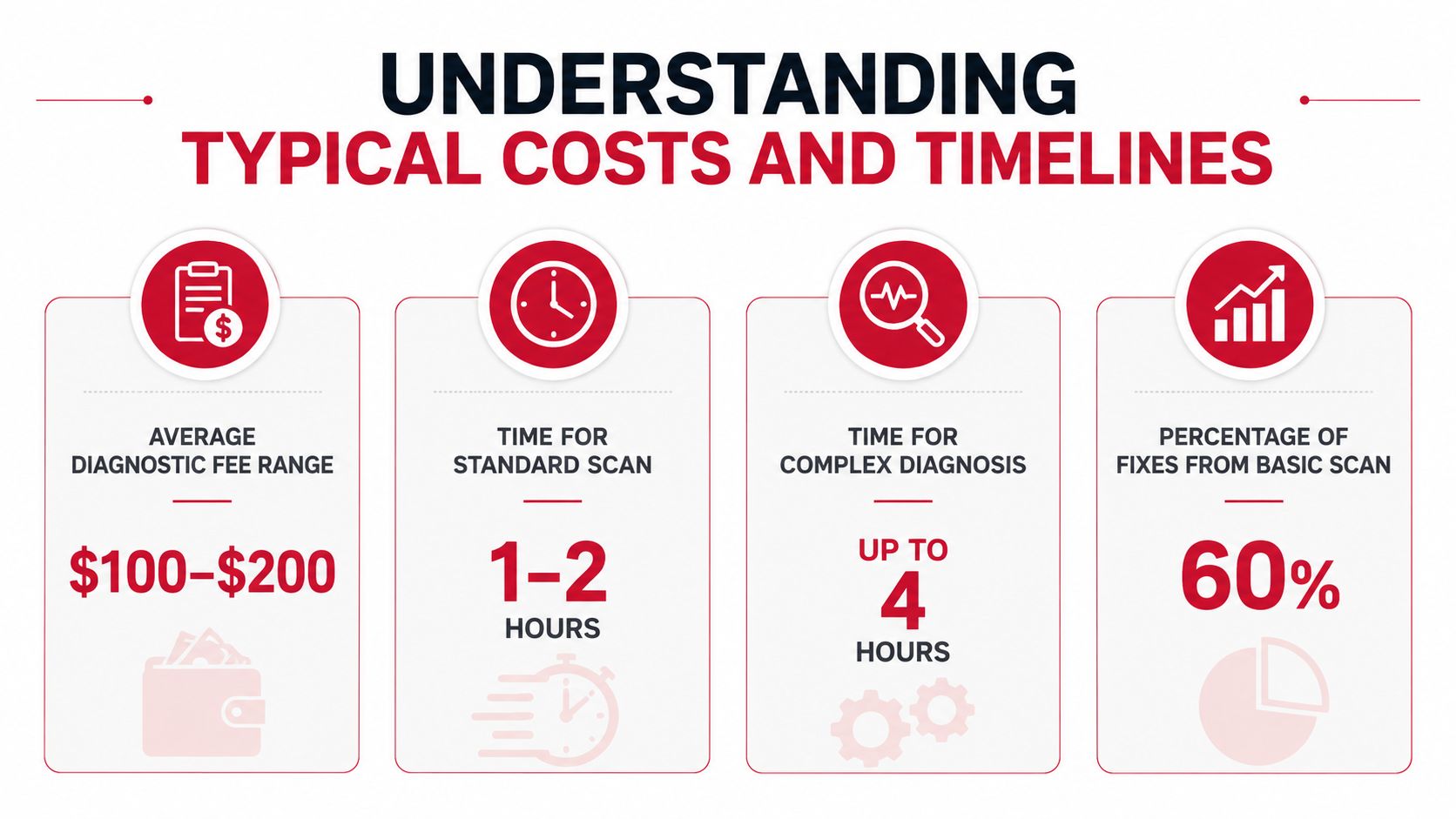 An infographic showing the typical costs and timelines for vehicle diagnostic scans and repair processes.