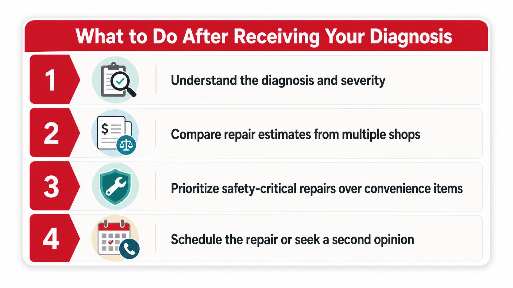 An infographic showing four steps to take after receiving an automotive repair diagnosis.