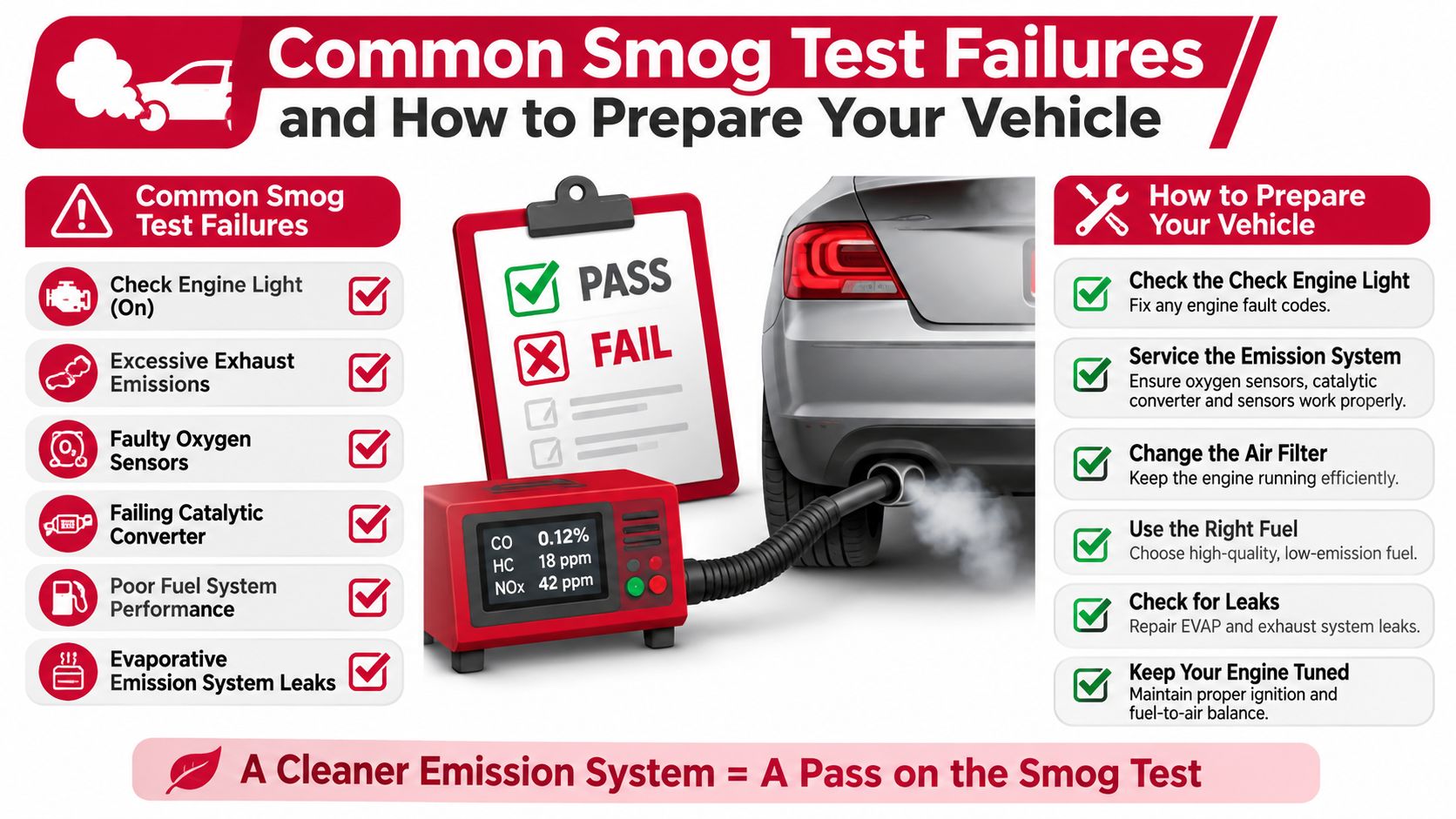An infographic detailing common reasons for vehicle smog test failures and steps to prepare your car properly.