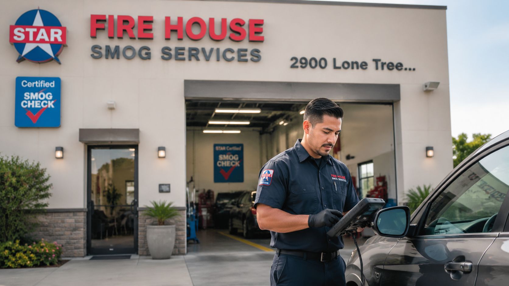 A technician wearing a uniform performing a smog check on a car at a STAR certified facility.