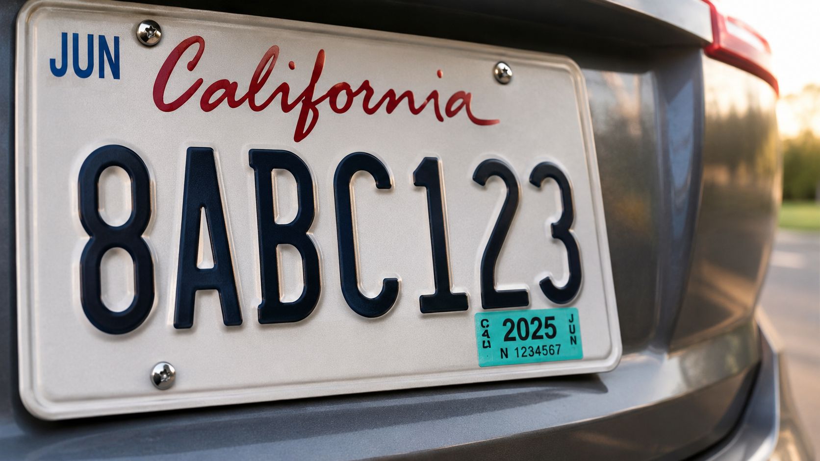 A close-up view of a California license plate with a 2025 registration sticker on a gray vehicle.