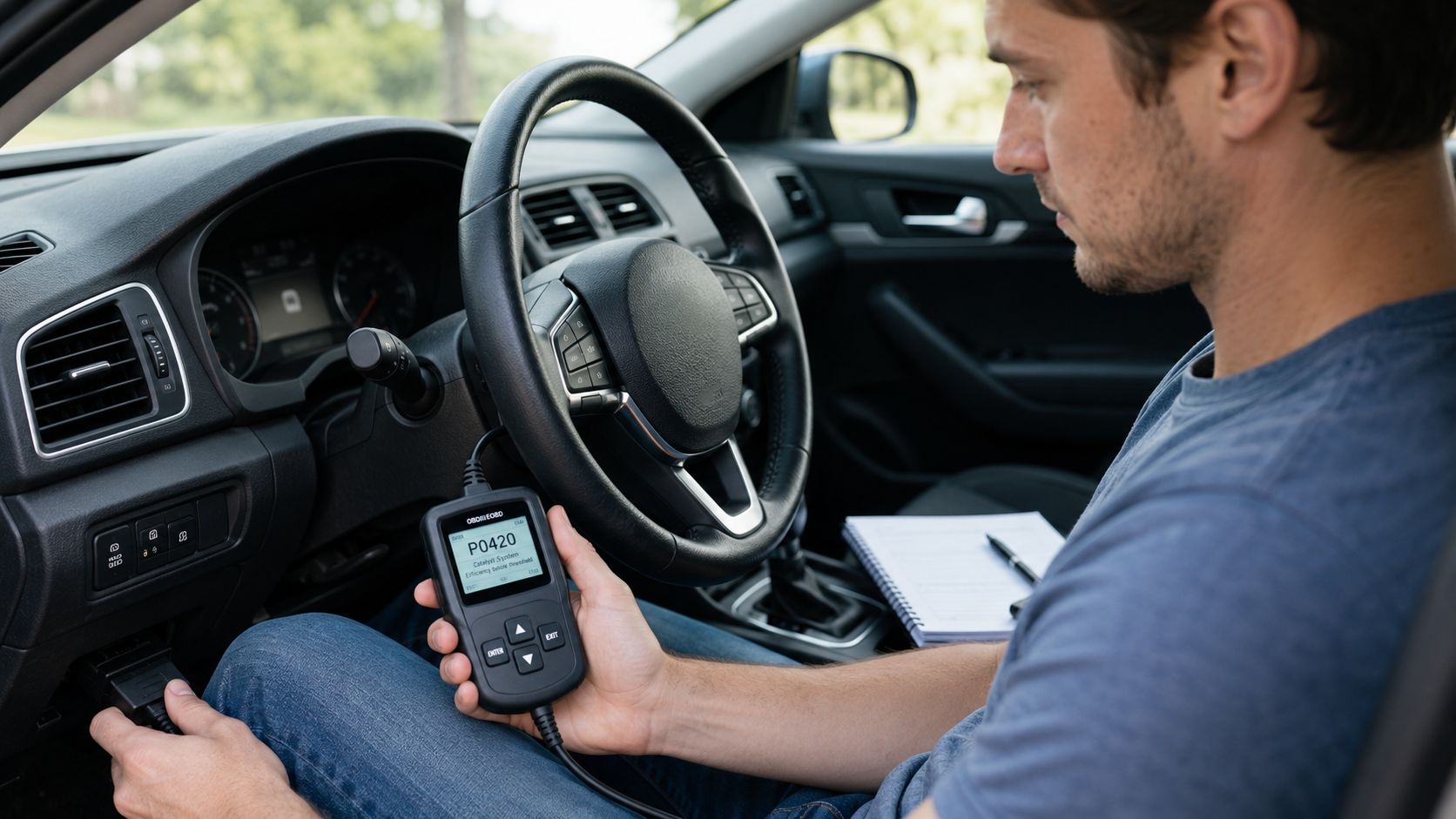 A man diagnosing car engine issues using an OBD2 scanner inside a vehicle.