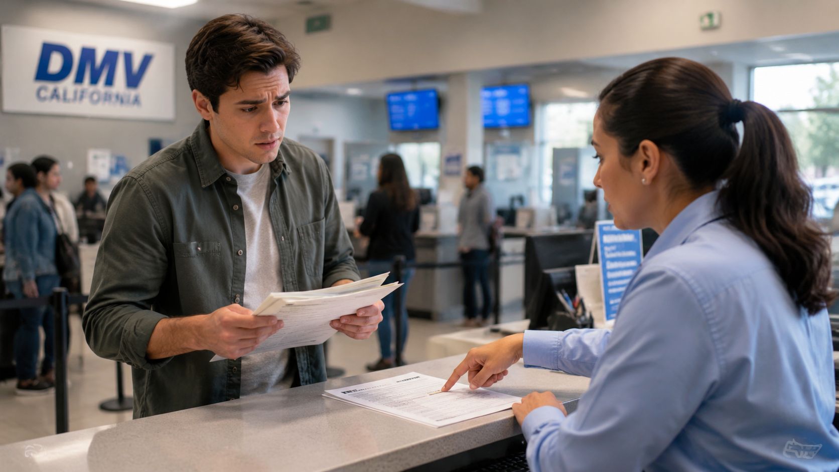 A concerned young man holding paperwork while speaking with a DMV clerk at a service counter.