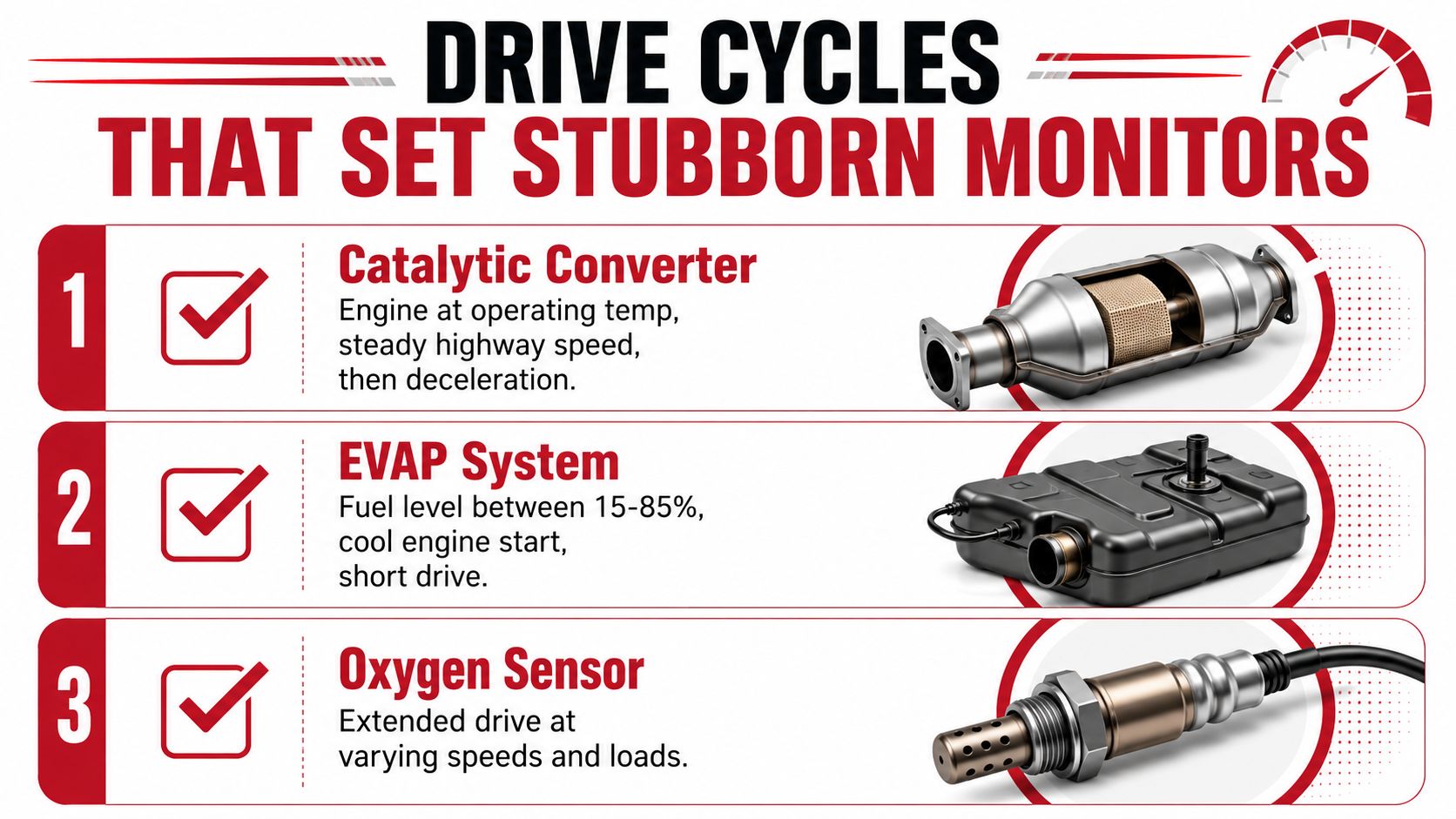 A diagram outlining common automotive drive cycle conditions to set readiness monitors for specific emission control systems.
