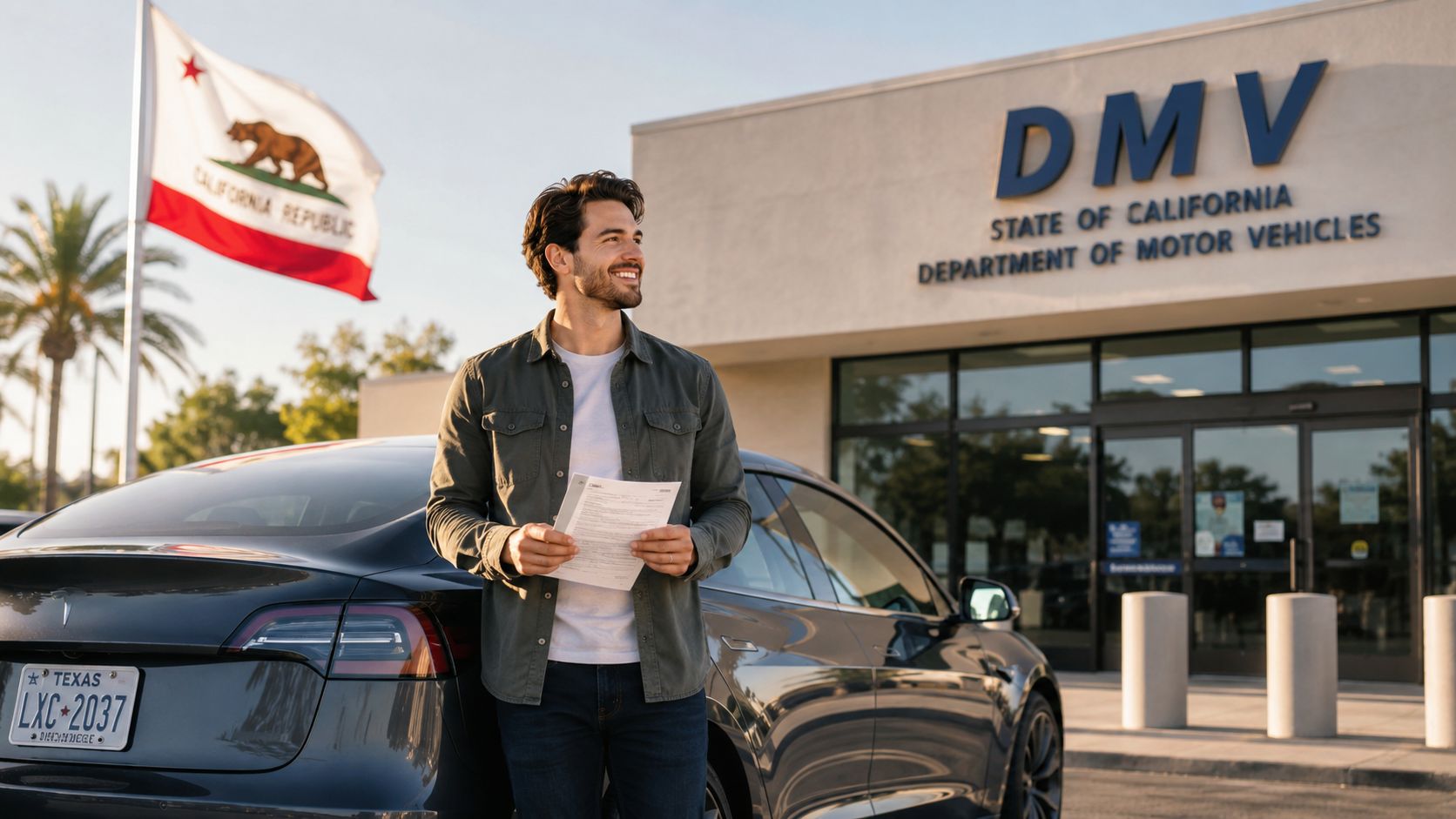A happy man holding vehicle registration papers in front of a California DMV building with a car.