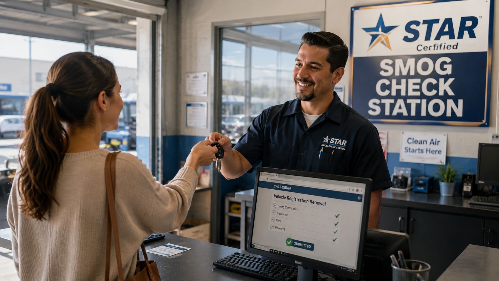 A friendly service technician hands car keys to a female customer at a smog check station.
