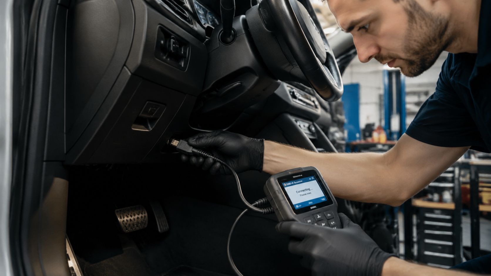 A professional mechanic in black gloves performing a car diagnostic scan using an OBD2 scanner.