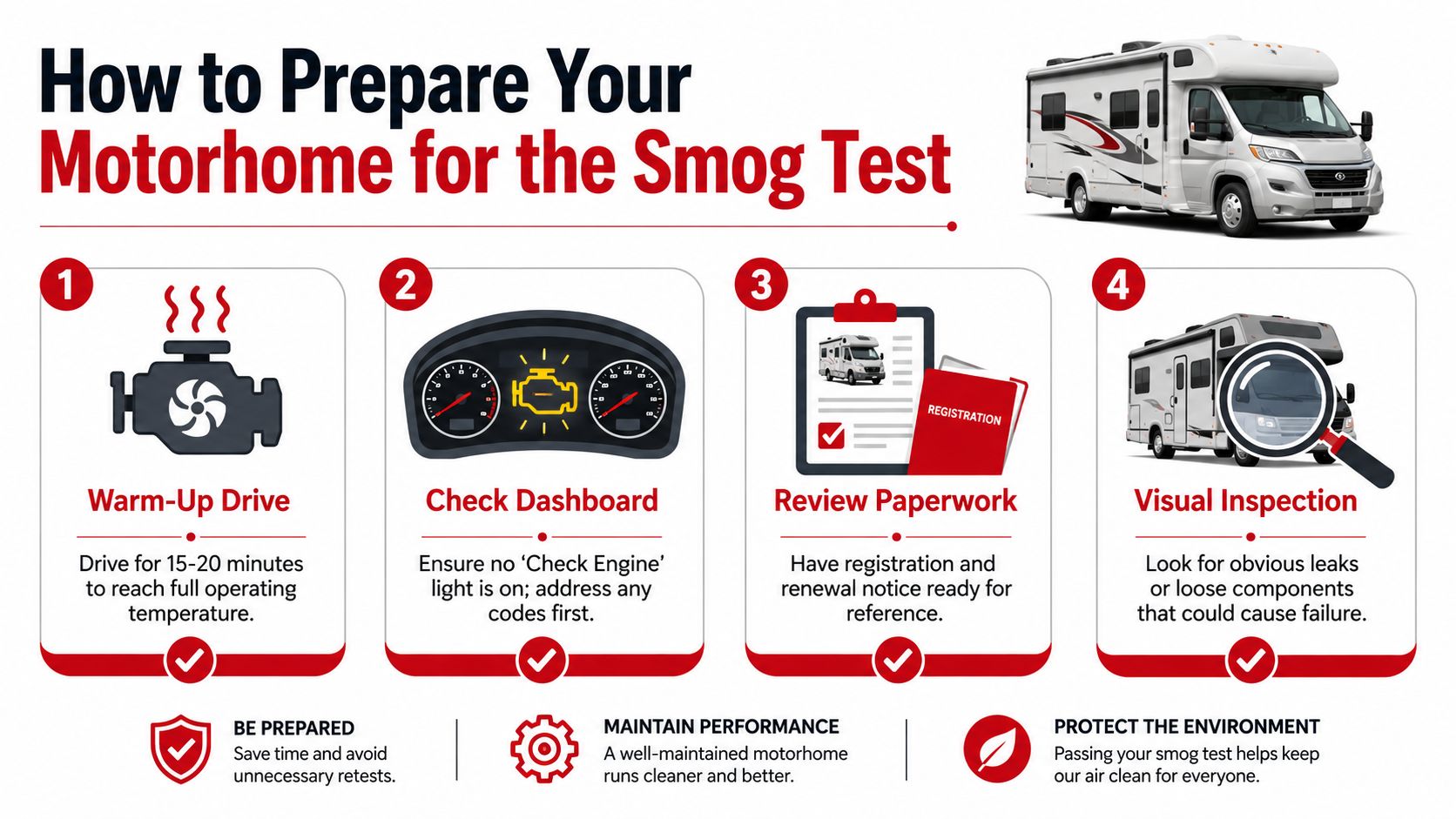 An infographic showing four essential steps to prepare a motorhome for a required smog emissions test.