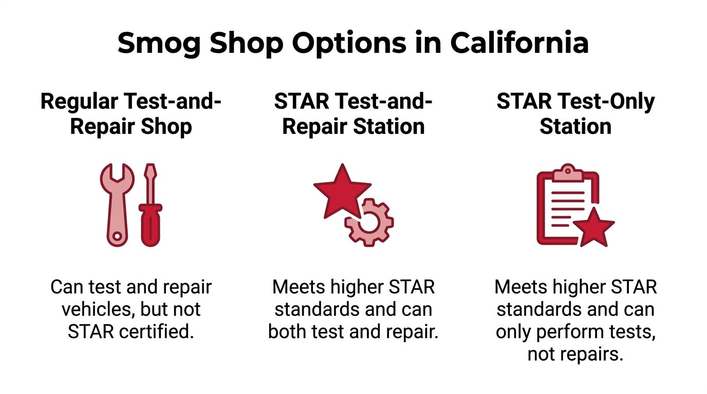 A graphic explaining the three types of smog check shops available to vehicle owners in California.