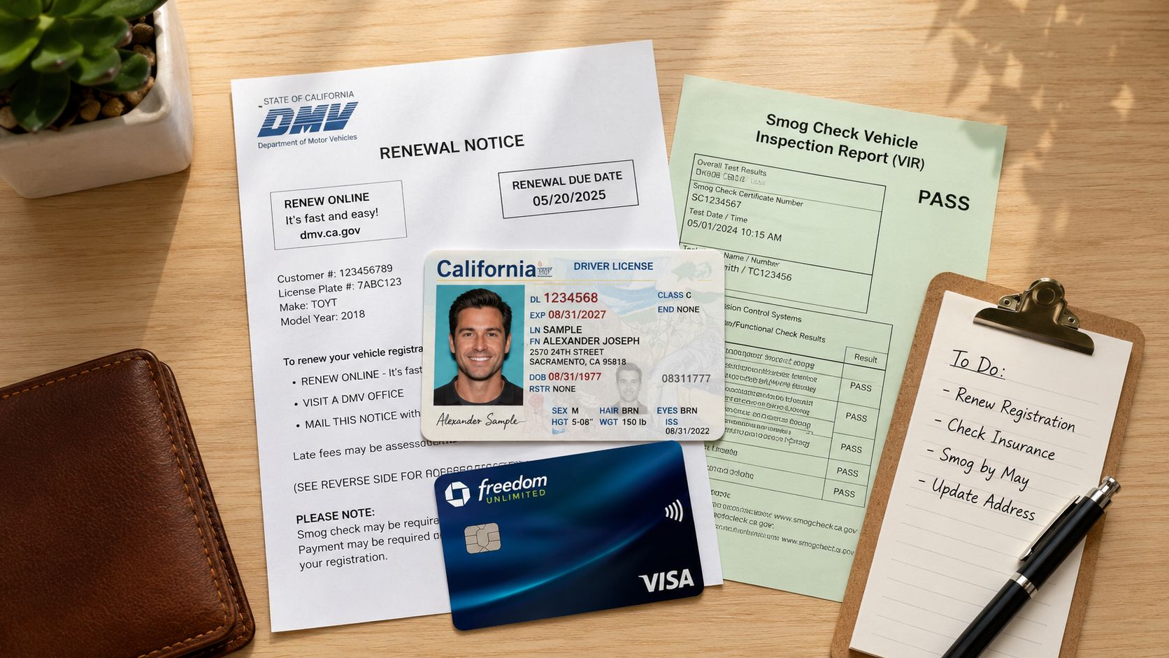A California DMV renewal notice, smog check report, driver's license, and credit card on a wooden table.