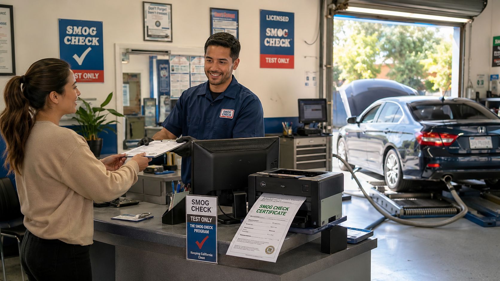 A friendly mechanic hands a document to a customer inside a professional California smog check facility.