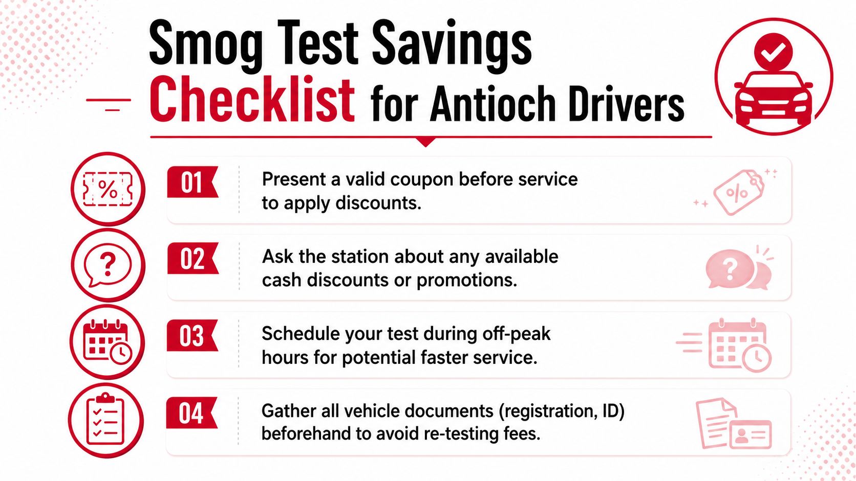 A checklist infographic for Antioch drivers offering tips to save money on vehicle smog tests.