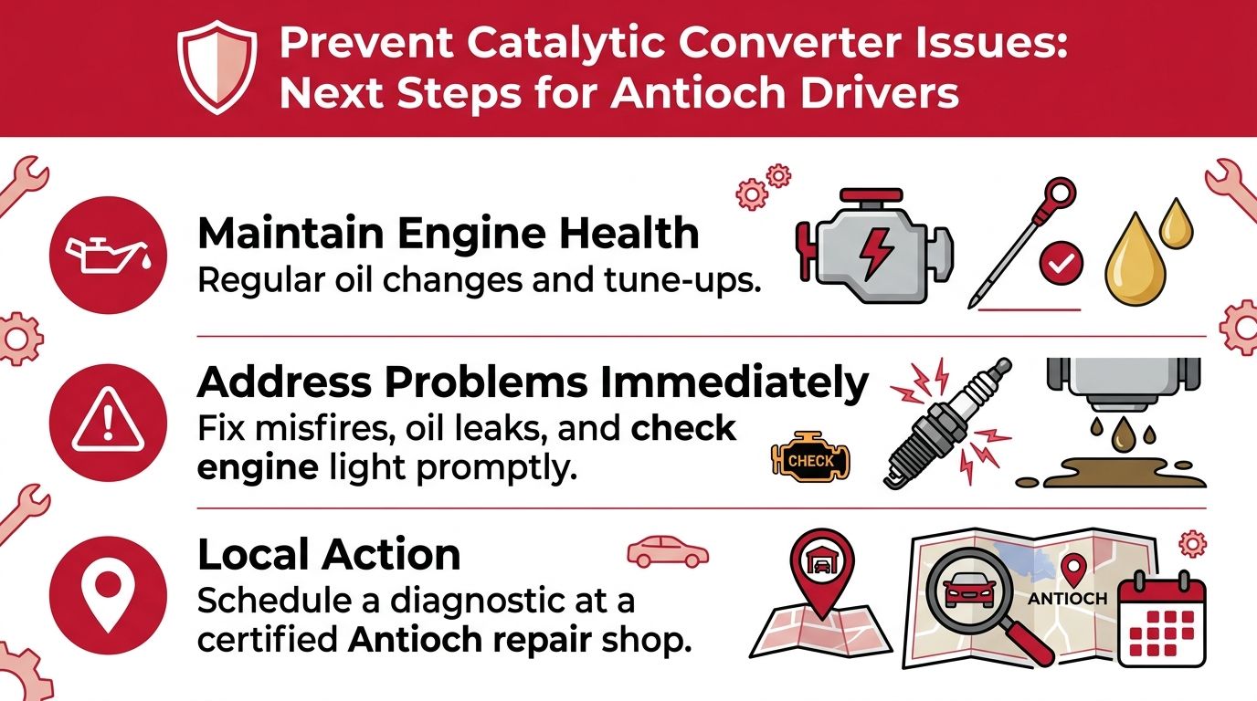 An infographic detailing tips for Antioch drivers on how to prevent catalytic converter failure and damage.