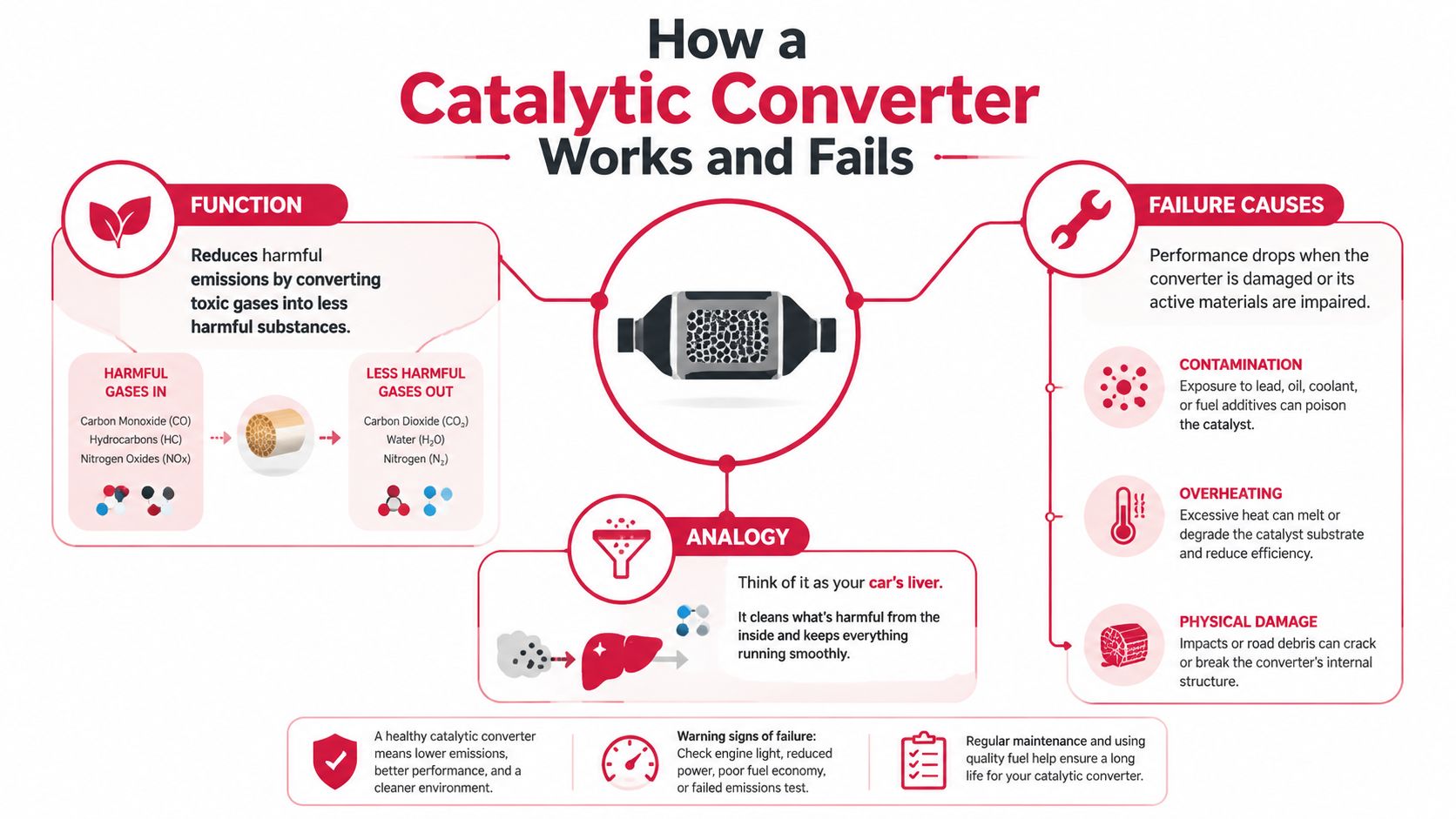An infographic showing how a catalytic converter works, its function, failure causes, and its biological analogy.