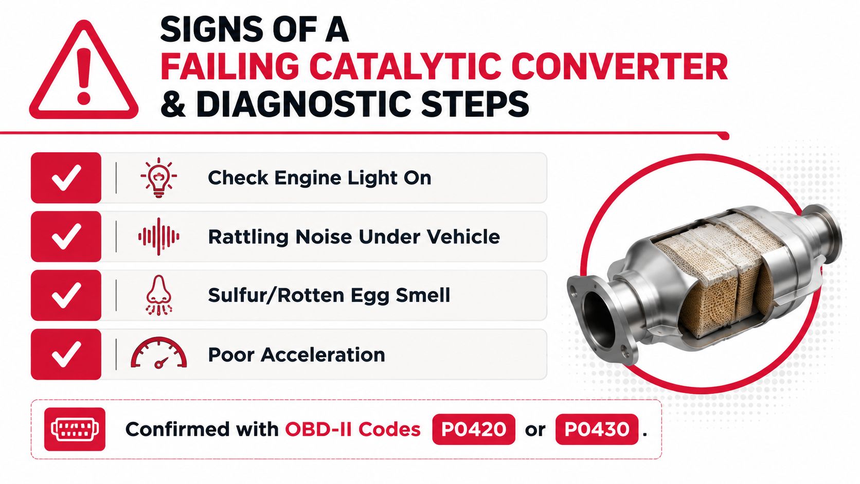 A graphic showing symptoms of a failing catalytic converter including a check engine light, rattling noise, rotten egg smell, and poor acceleration.