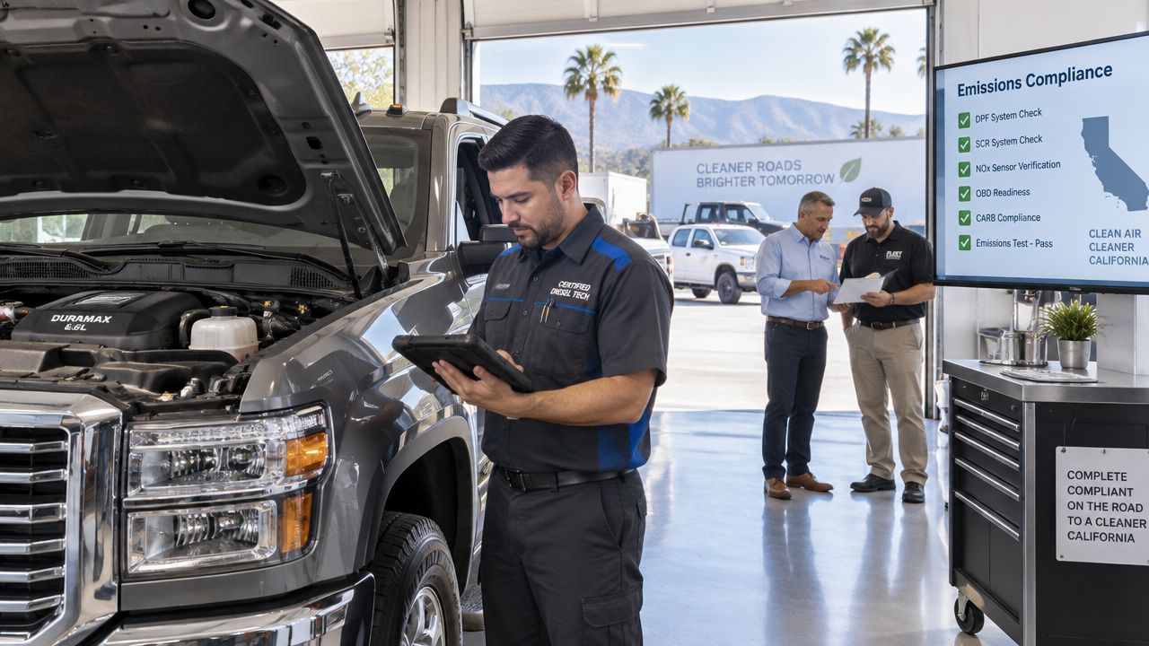 A certified diesel technician inspects a truck in a shop with emissions compliance data displayed nearby.