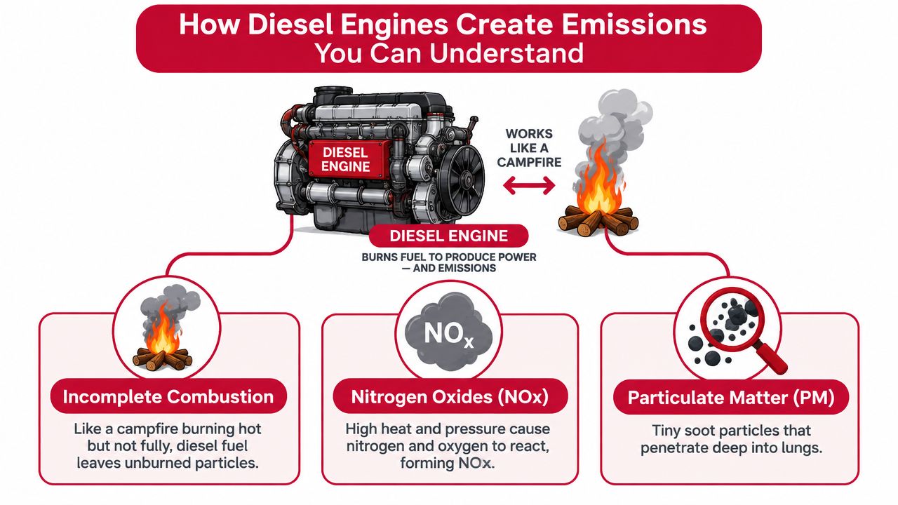 An infographic illustrating how diesel engines generate emissions like nitrogen oxides and particulate matter through combustion.