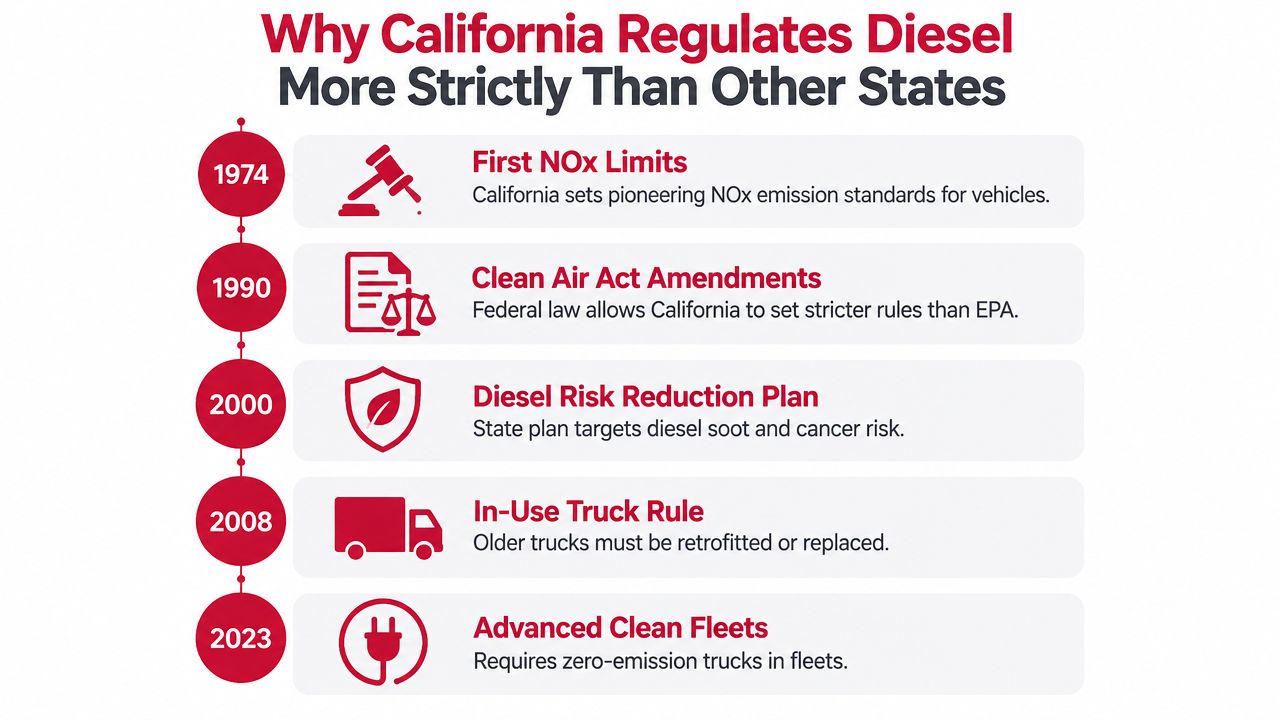 A timeline chart titled Why California Regulates Diesel More Strictly Than Other States highlighting key legislative milestones.