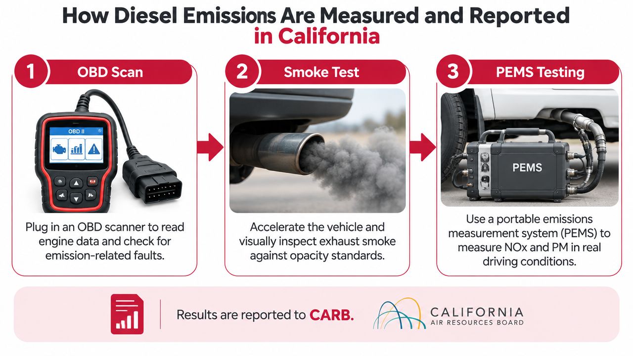 A diagram illustrating the three steps for measuring and reporting diesel emissions in California, including OBD, smoke tests, and PEMS.