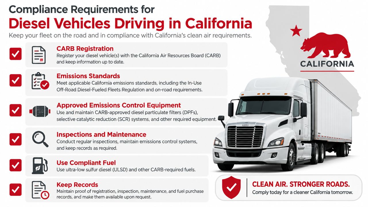 A guide listing six compliance requirements for operating diesel vehicles in California to meet clean air standards.