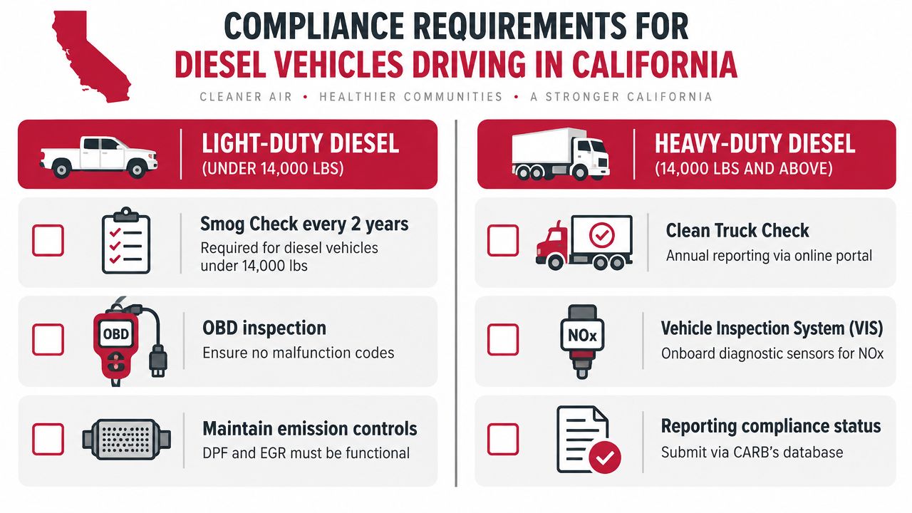 An infographic detailing California compliance requirements for both light-duty and heavy-duty diesel vehicles driving in the state.