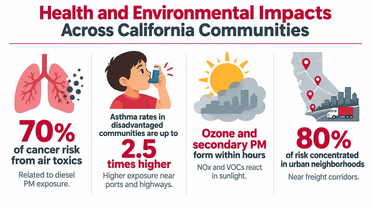 An infographic showing health and environmental risks from diesel emissions in California communities.