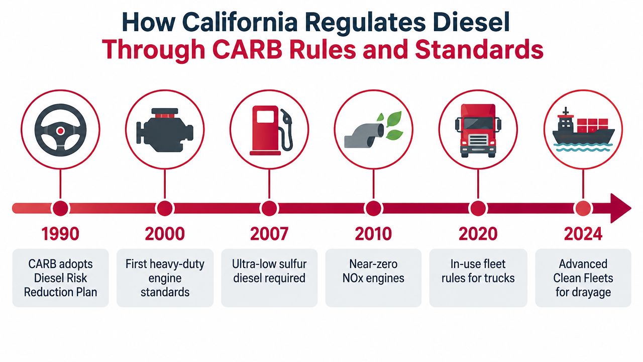 A timeline chart showing California Air Resources Board regulatory milestones for diesel emissions from 1990 to 2024.