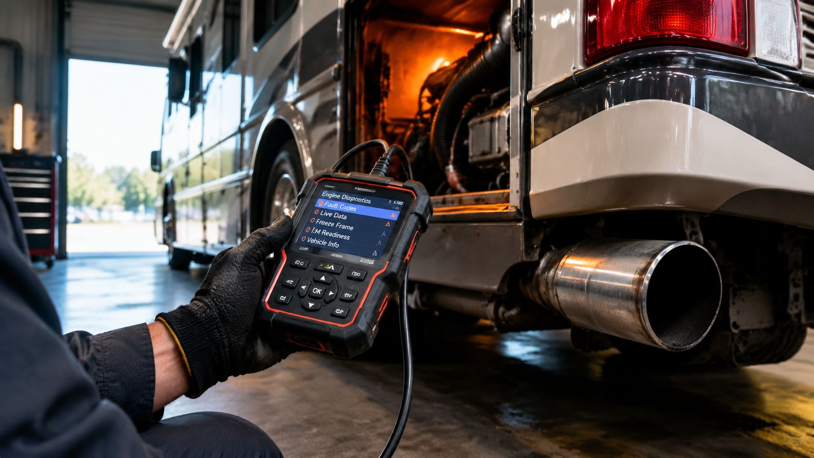 A technician using a handheld diagnostic scanner to check engine fault codes on a large RV.