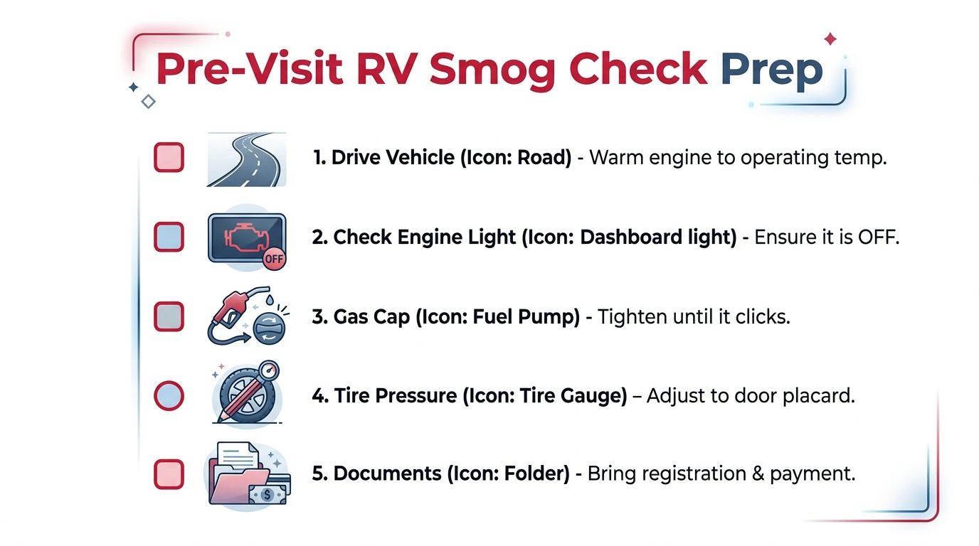 A checklist for Pre-Visit RV Smog Check Prep showing five essential steps to follow before testing.