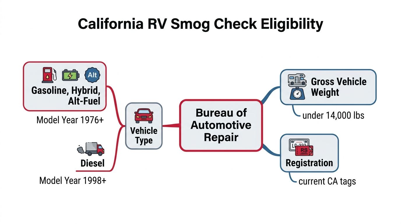 A flowchart explaining the California RV smog check eligibility requirements based on fuel, year, and weight.