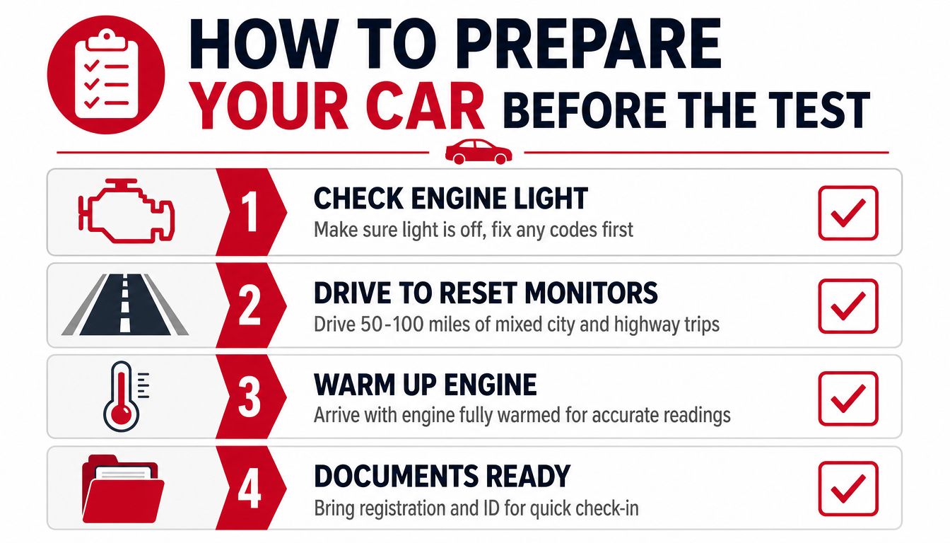 A four-step infographic illustrating how to prepare your car for a smog inspection test.