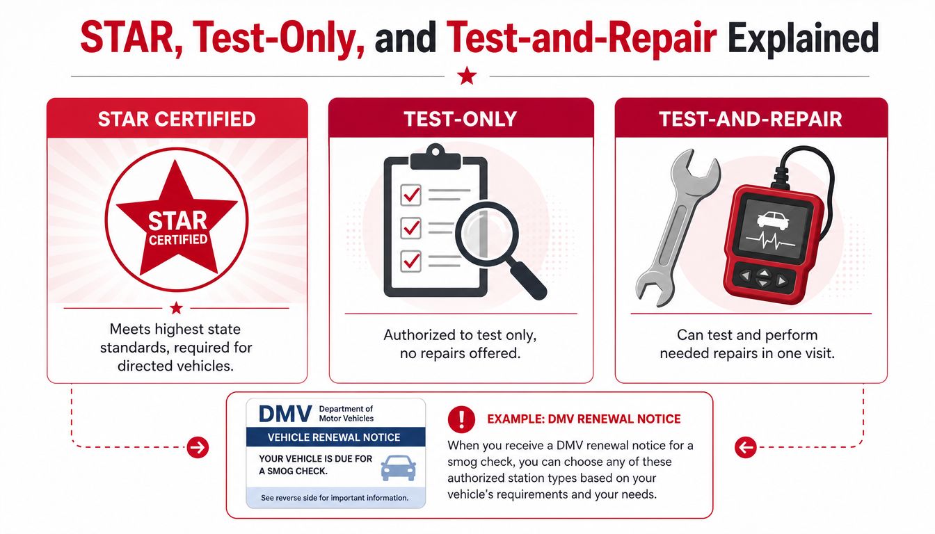 An infographic explaining California DMV STAR, Test-Only, and Test-and-Repair smog check stations for vehicle owners.