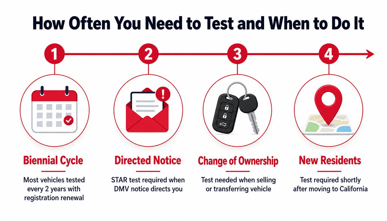 An infographic illustrating the four main scenarios when a California smog test is required for vehicles.