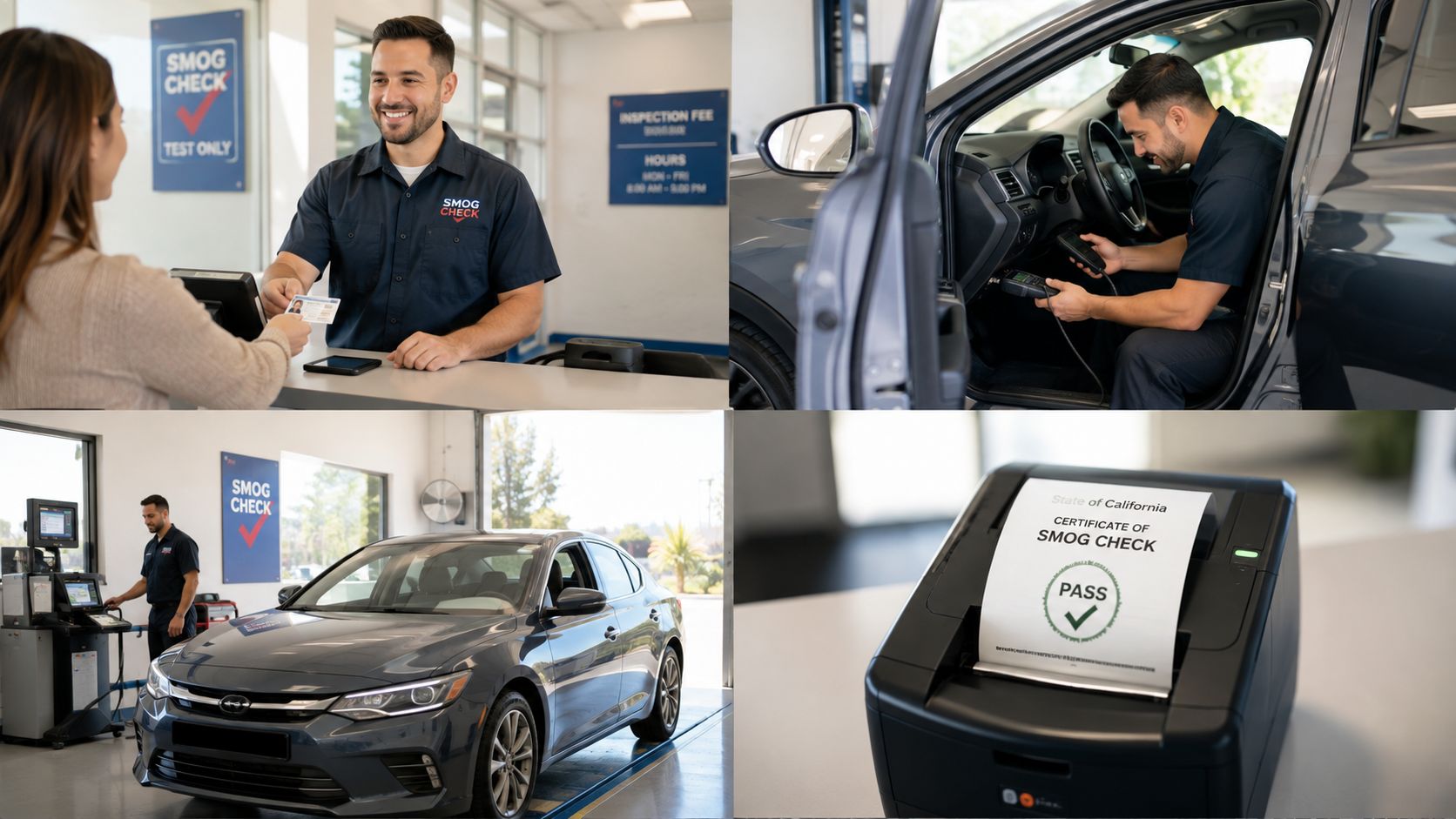 A technician performing a California smog check inspection on a customer's car and issuing a certificate.