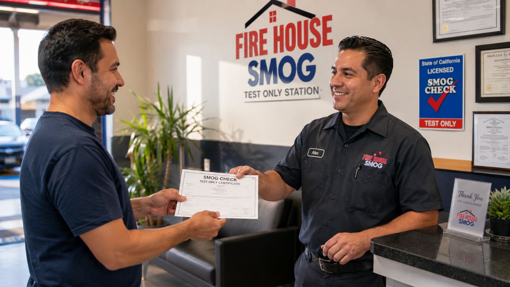 A friendly technician hands a smog check certificate to a customer at a California smog test station.