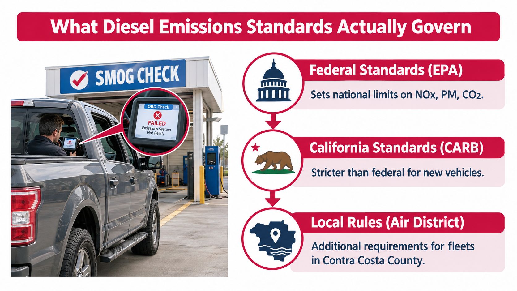 A diagram explaining the hierarchy of diesel emissions standards from federal, state, and local regulatory authorities.