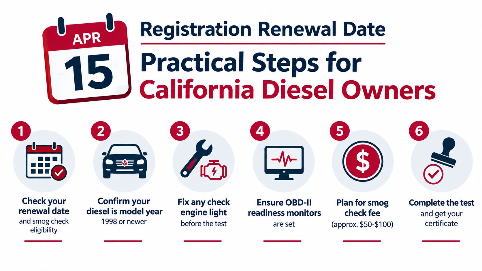 An infographic showing six steps for California diesel owners to prepare for registration renewal and smog testing.