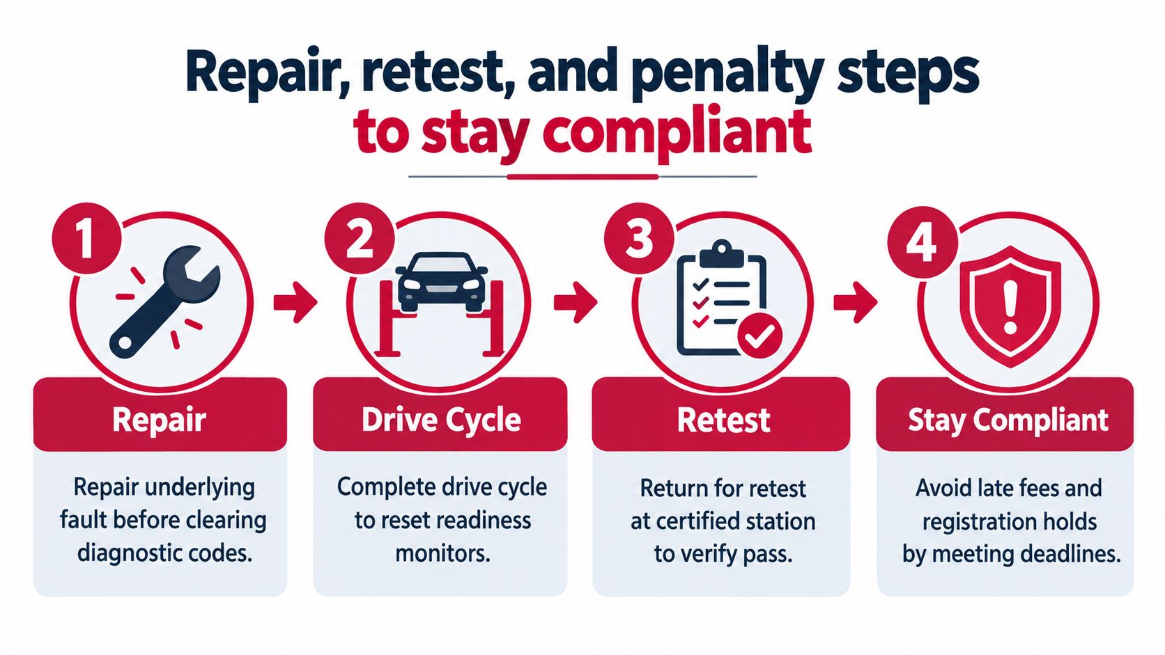 A four-step infographic illustrating the process of vehicle repair, drive cycles, retesting, and maintaining emissions compliance.