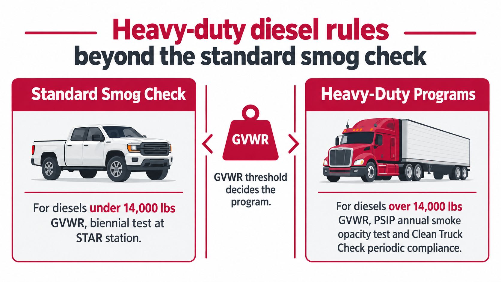 An infographic showing diesel smog check regulations based on a 14,000 lbs GVWR weight threshold.