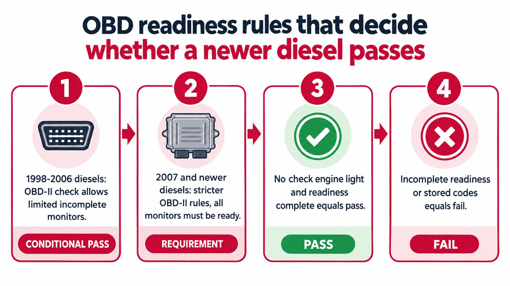 A four-step infographic explaining OBD readiness rules for newer diesel vehicle emissions testing and compliance.